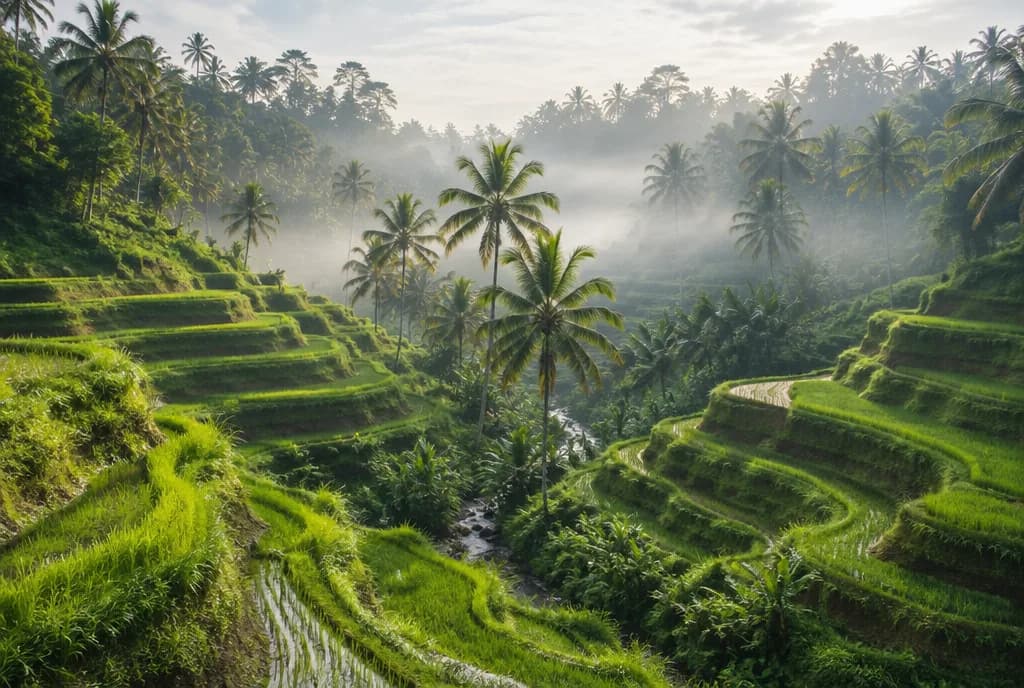 Terrasserte rismarker og palmer i morgentåken i en dal på Bali
