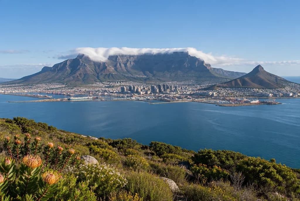 Taffelberget under et teppe av skyer over Cape Town og bukten, sett fra en åsside med fynbos og proteaer