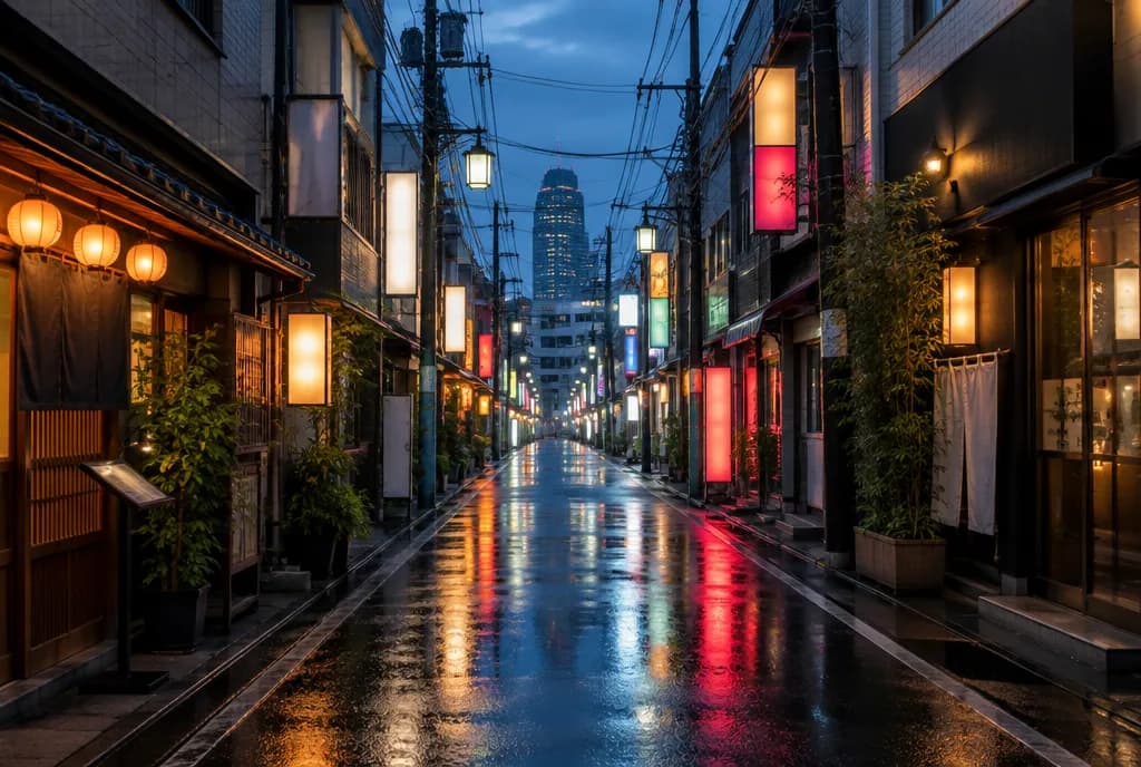 En smal gate i Tokyo, våt av regn i skumringen, med lysende papirlykter og butikkskilt